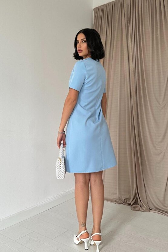 MyTerrax Mavi Kısa Kol Atlas Mini Elbise
