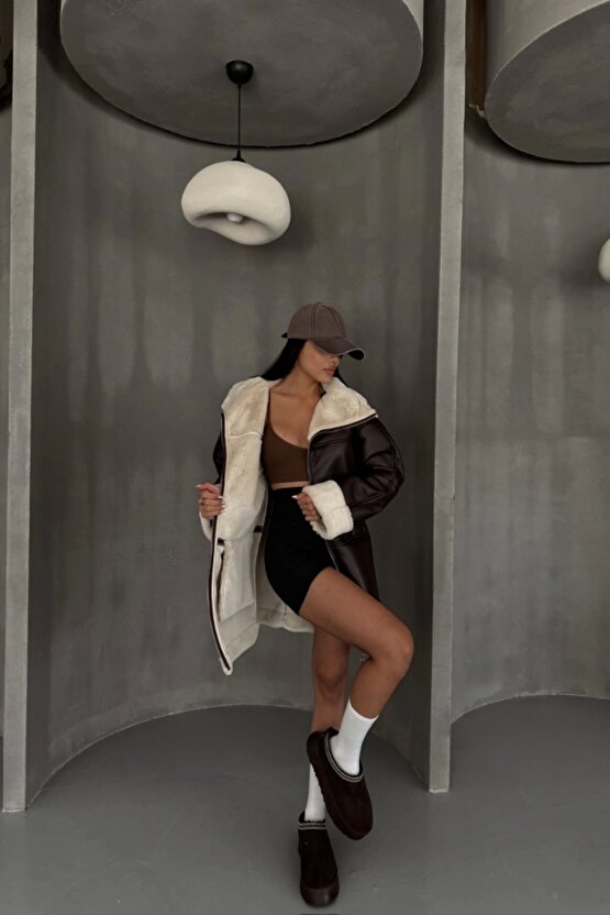 DERİ MONT KOL VE YAKA PELUŞ KAPAKSIZ CEP DETAYLI - Kahverengi