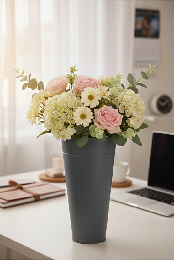 Antrasit Gri Metal Konik Vazo Şemsiyelik Kova Dekoratif Çiçeklik Aranjman Metal Saksı