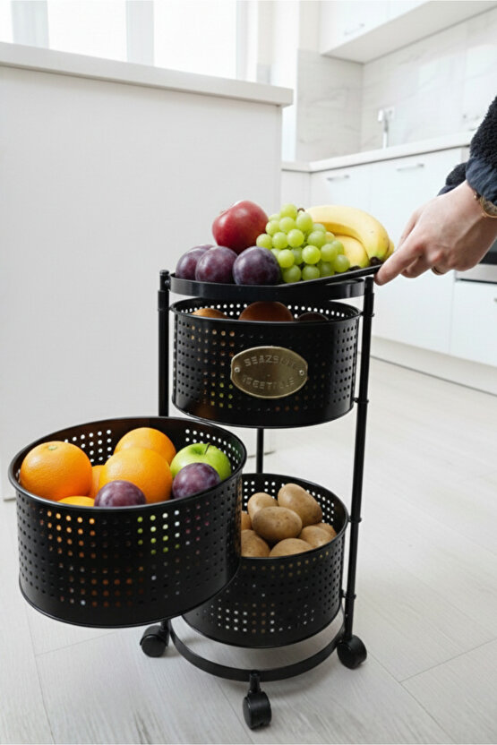 3 Katlı Tekerlekli Tepsili Metal Sebzelik Açılır Patates Soğan Meyvelik Sepeti Raf SİYAH