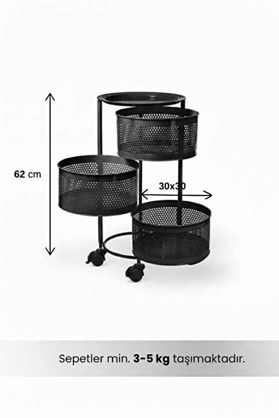 3 Katlı Tekerlekli Tepsili Metal Sebzelik Açılır Patates Soğan Meyvelik Sepeti Raf SİYAH
