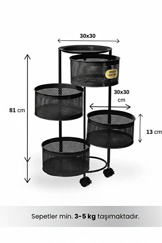4 Katlı Tekerlekli Tepsili Metal Sebzelik Açılır Patates Soğan Meyvelik Sepeti Raf SİYAH