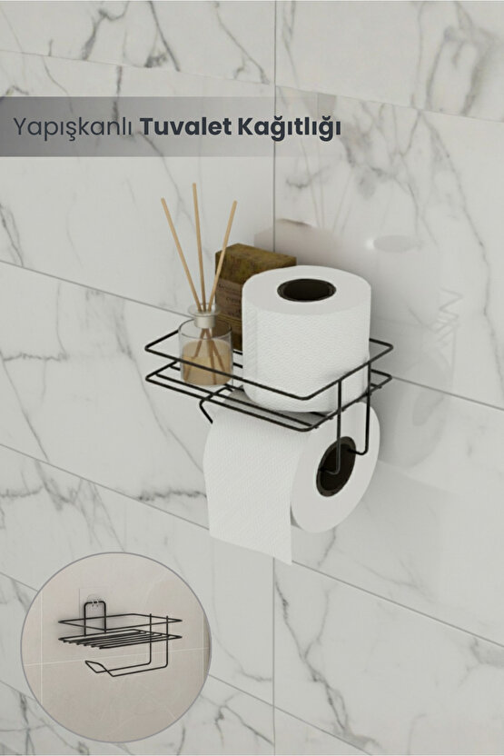 Yapışkanlı Siyah Tuvalet Kağıtlığı Metal Tuvalet Kağıdı Askısı