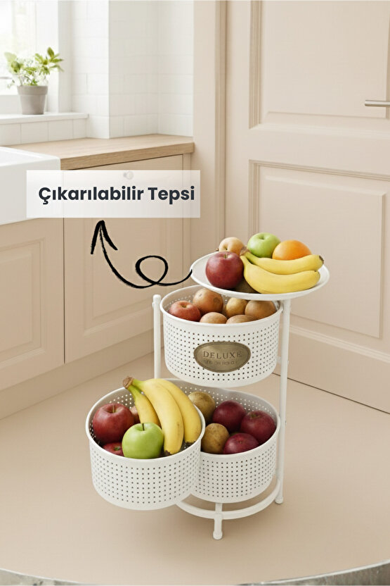 3 Katlı Tepsili Metal Sebzelik Açılır Metal Patates Soğan Meyvelik Sepeti Rafı Beyaz