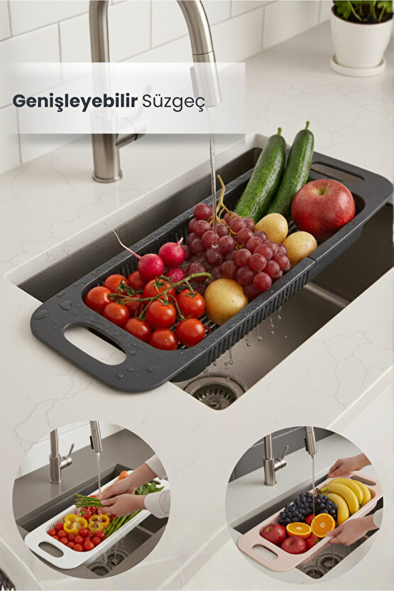 Sürgülü Genişleyebilir Süzgeç Ayarlanabilir Meyve Sebze Yıkama Sepeti