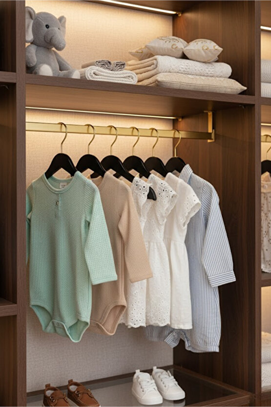 12 Adet - Bebek ve Çocuk Boy Ahşap Görünümlü Plastik A Kalite Elbise Askısı Tshirt Pantolon Askı