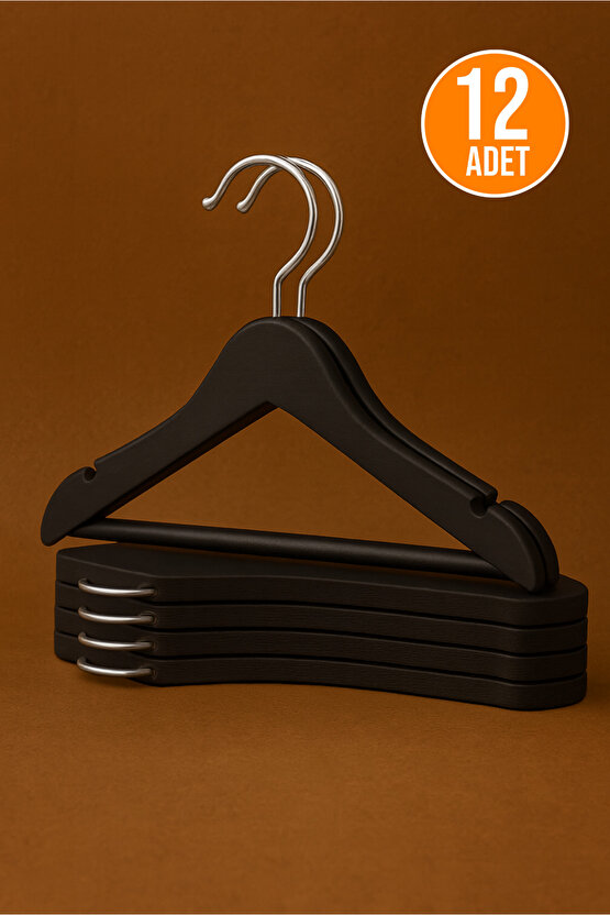 12 Adet - Bebek ve Çocuk Boy Ahşap Görünümlü Plastik A Kalite Elbise Askısı Tshirt Pantolon Askı