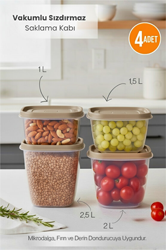 Vizon 4lü Vakumlu Sızdırmaz Kapaklı Saklama Kabı Erzak Düzenleyici Set 1L, 1,5L, 2L, 2,5L