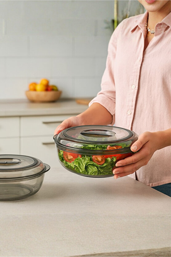 Yuvarlak Contalı Kapaklı Saklama Kabı - 1750 ml - Antrasit