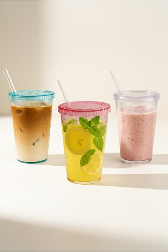 Şeffaf Cam Pipetli Plastik Bardak 500 ml – Su Damlacıklı Desen - Kapaklı Soğuk İçecek Bardağı