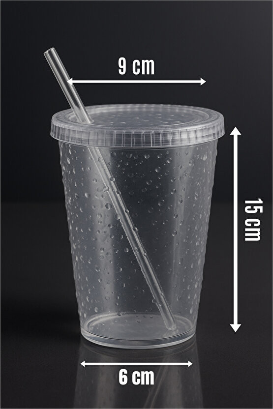 Şeffaf Cam Pipetli Plastik Bardak 500 ml – Su Damlacıklı Desen - Kapaklı Soğuk İçecek Bardağı