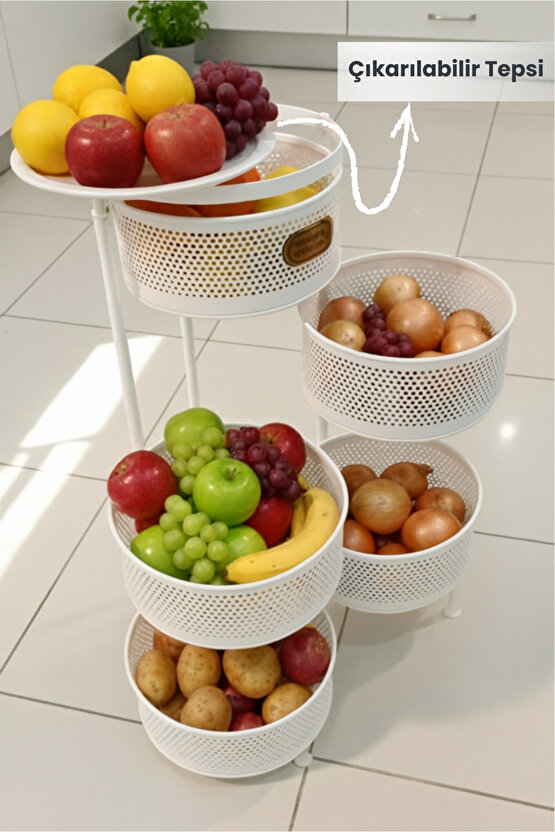 Metal Sebzelik 5 Katlı Tepsili Açılır Metal Patates Soğan Meyvelik Sepeti Rafı Beyaz