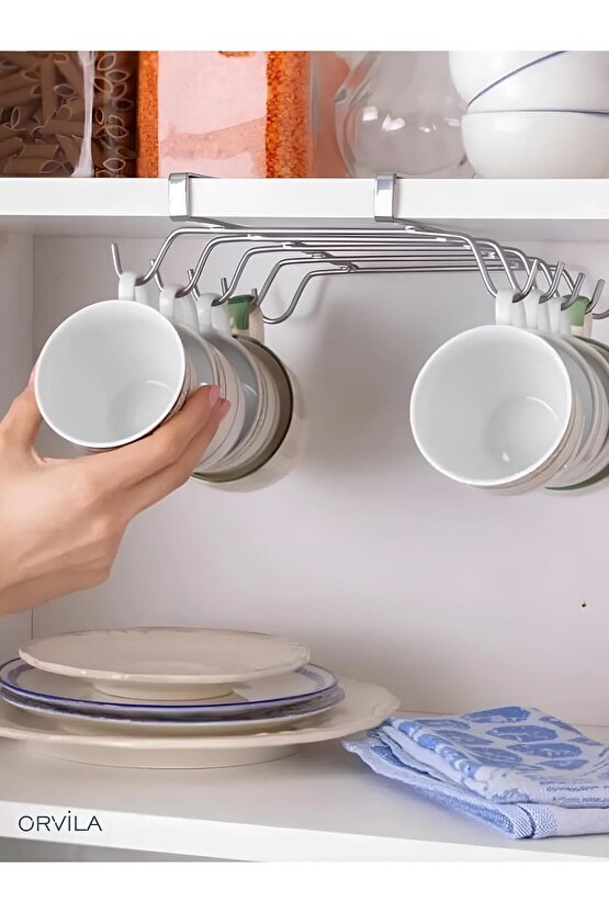 Raf Altı Asılabilir 10 Kancalı Fincan Ve Kupa Bardak Düzenleyici Askılığı - Krom