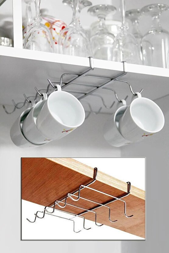 Raf Altı Asılabilir 10 Kancalı Fincan Ve Kupa Bardak Düzenleyici Askılığı - Krom