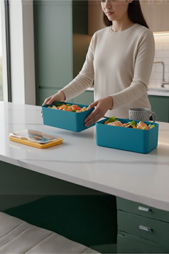 Mega Boy 2 Katlı Yemek Saklama Kabı 2 Litre - Kendinden Çatal Kaşık Servisli Lunch Box Set