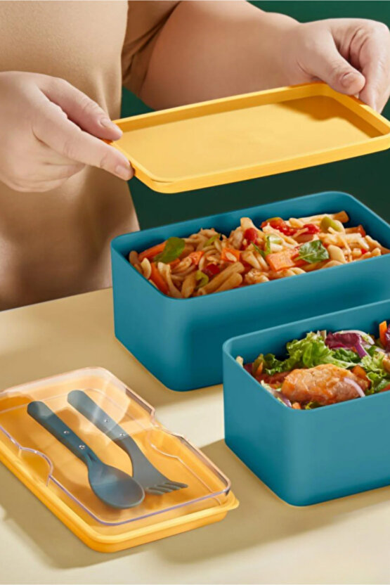 Mega Boy 2 Katlı Yemek Saklama Kabı 2 Litre - Kendinden Çatal Kaşık Servisli Lunch Box Set