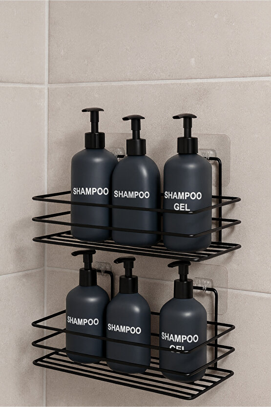 2 Adet - Yapışkanlı Paslanmaz Siyah Banyo Düzenleyici Organizer - Şampuanlık
