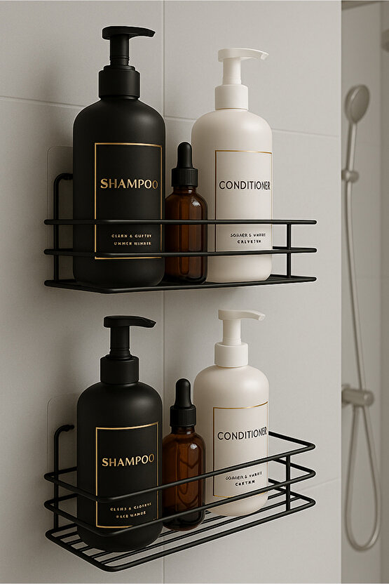 2 Adet - Yapışkanlı Paslanmaz Siyah Banyo Düzenleyici Organizer - Şampuanlık