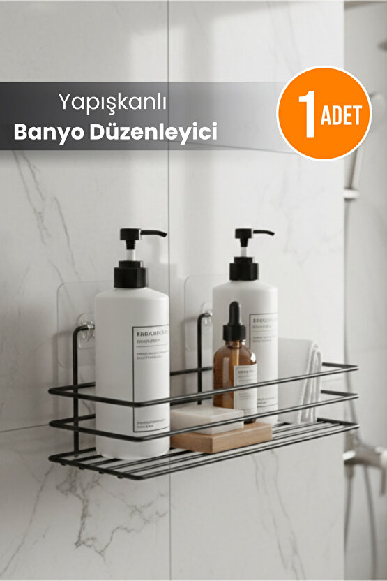 Yapışkanlı Paslanmaz Siyah Banyo Düzenleyici Organizer - Şampuanlık