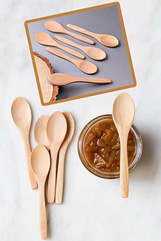 6 Adet Ahşap Mama Kaşığı - Reçel Bal Servis Çay Kaşık 13 Cm