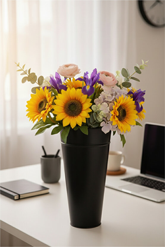 Siyah Metal Konik Vazo Şemsiyelik Kova Dekoratif Çiçeklik Aranjman Metal Saksı