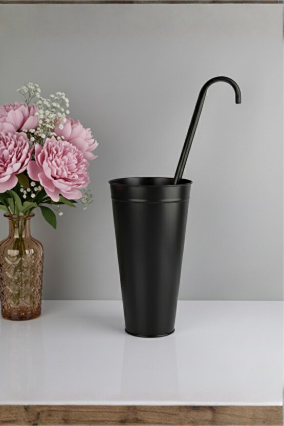 Siyah Metal Konik Vazo Şemsiyelik Kova Dekoratif Çiçeklik Aranjman Metal Saksı