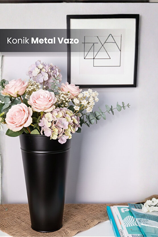 Siyah Metal Konik Vazo Şemsiyelik Kova Dekoratif Çiçeklik Aranjman Metal Saksı