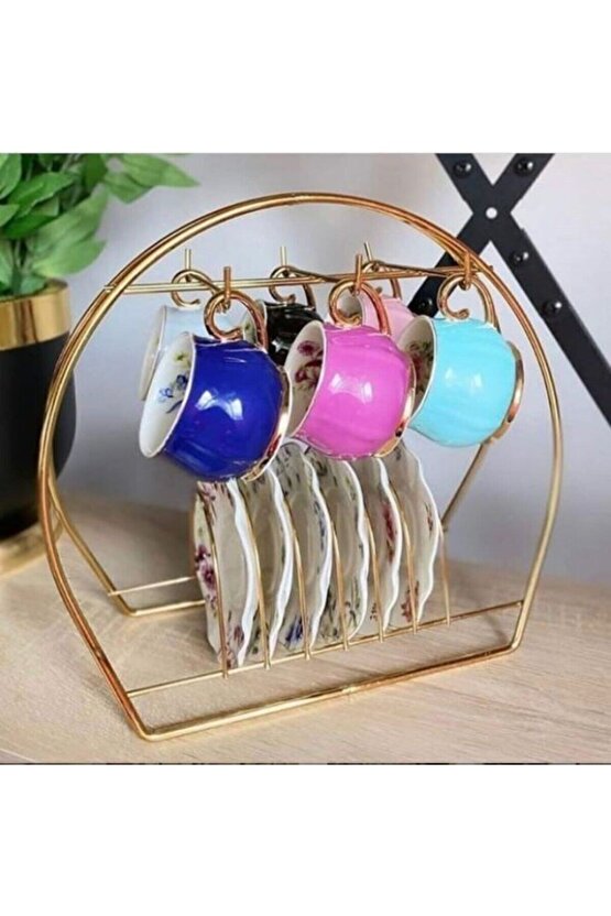 Fincan Ve Kupa Bardak Askılığı - Dekoratif 6 Hazneli Gold Kupalık Askı