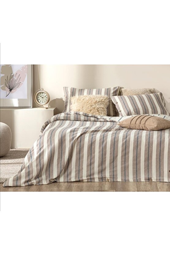 Vittate Natural Ipliği Boyalı Çift Kişilik Nevresim Takımı 200x220 Cm Kahve – Lacivert