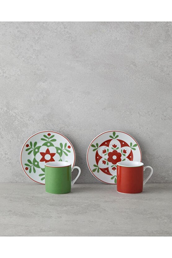 Vivy Porselen 4 Parça 2 Kişilik Kahve Fincan Takımı 80 ml Bordo-Yeşil