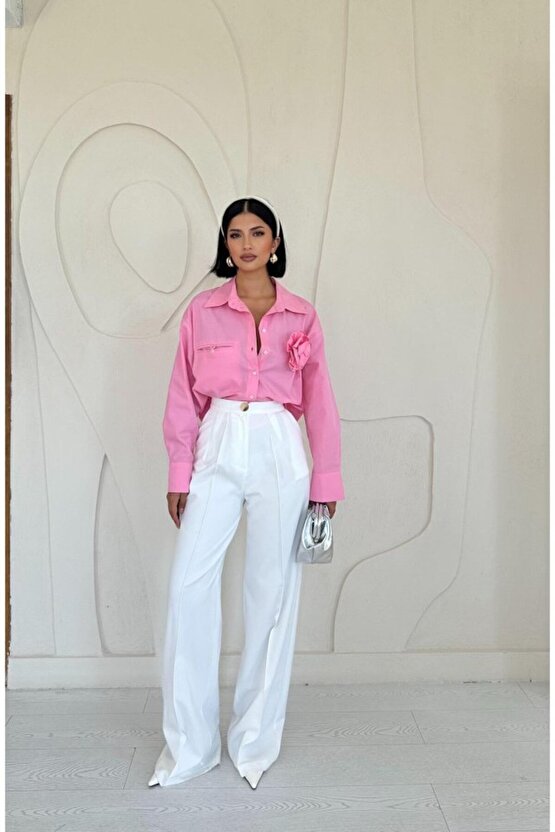 Gökyüzü Moda Pembe Fleto Cepli Poplin Gömlek