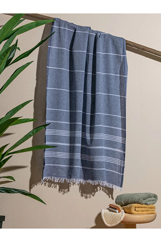 LCW HOME İndigo Çizgili Saçaklı Pestamal Havlu 90x165 Cm