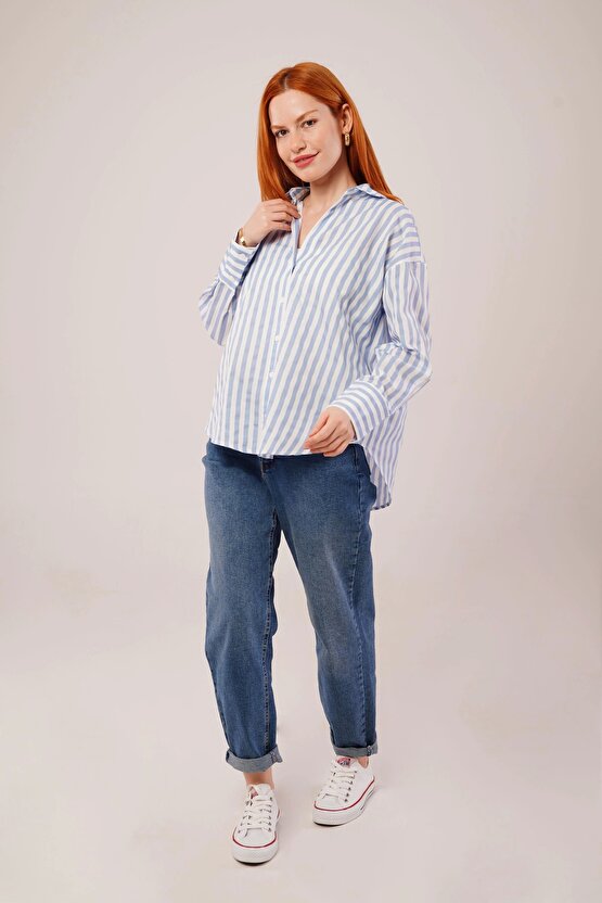 Çizgili Rahat Kesim Mavi Gömlek