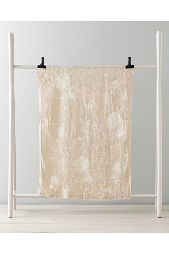 Pamuk Kuzu Pamuk Unisex Bebe Battaniye 80x120 Cm Bej Ekru Hayvan Desenli 90 x 120