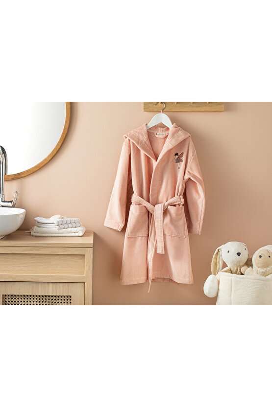 Fairy Kadife Nakışlı Çocuk Bornoz 6-8 Yaş Pembe