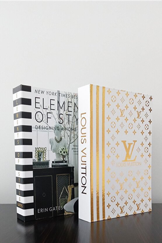 2li Dekoratif Kitap Kutu Görünümlü elements Siyah & Lv Beyaz Yaldız Desen Temalı