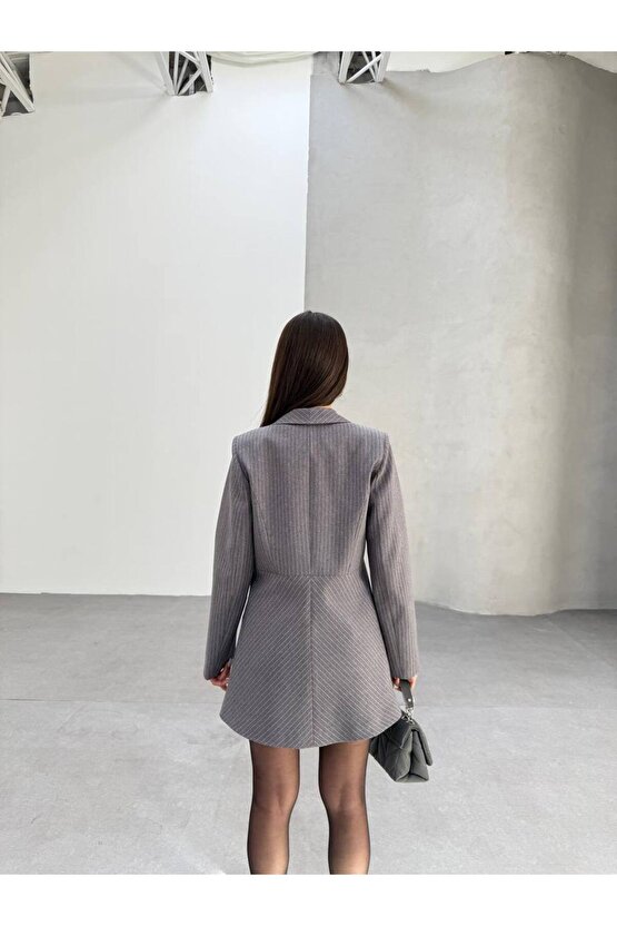 Şal Yaka Çizgili Blazer Ceket Elbise