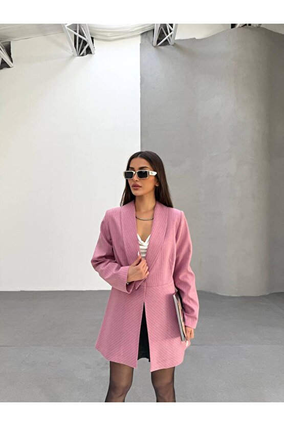 Şal Yaka Çizgili Blazer Ceket Elbise