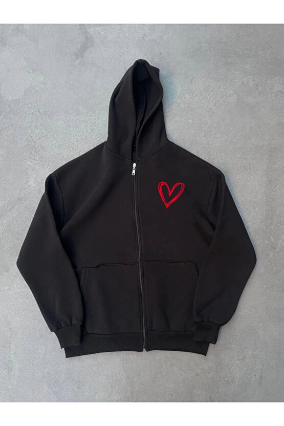 MDB Üç İplik Baskılı Fermuarlı Kapşonlu Hırka iyah