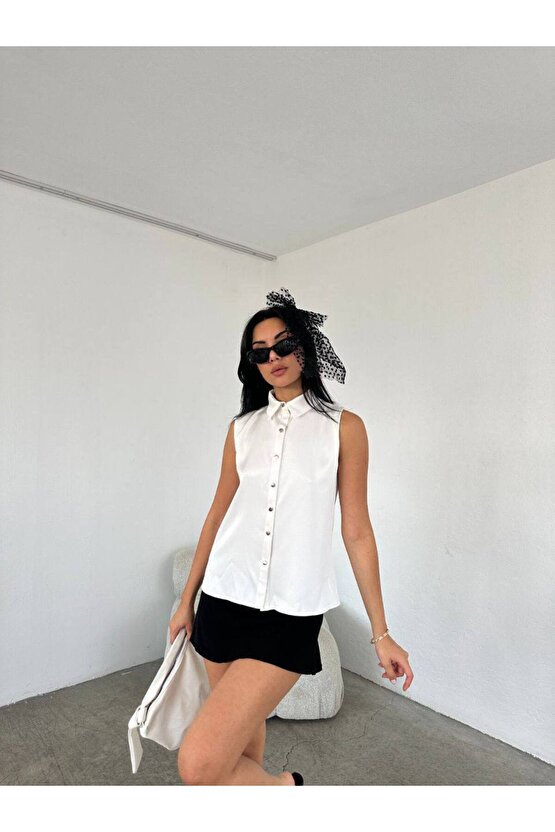 Sırt Taş Detaylı Krem Saten Gömlek