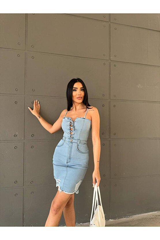 İp Askılı Yıkamalı Likralı Yırtık Detay Göğüs Bağlamalı Kot Elbise