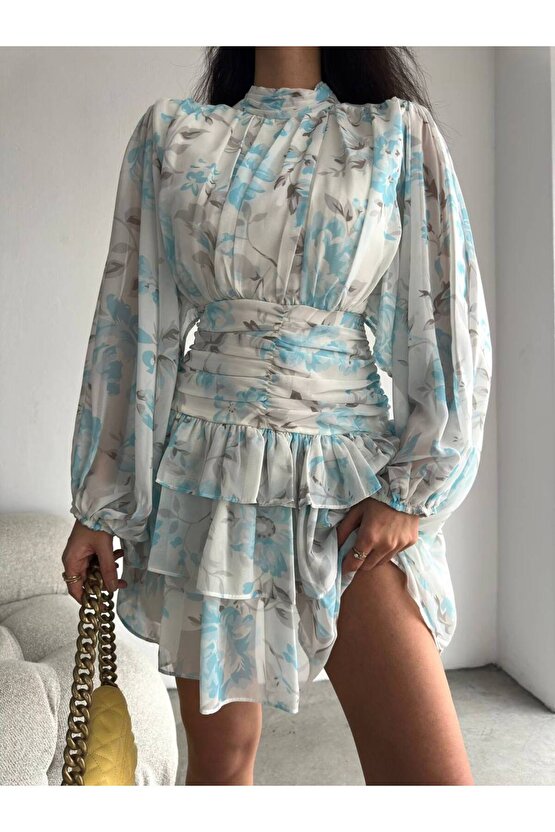 Dik Yakalı Drapeli Sırt Detaylı Çiçek Desenli Mint Yeşili Mini Şifon Elbise