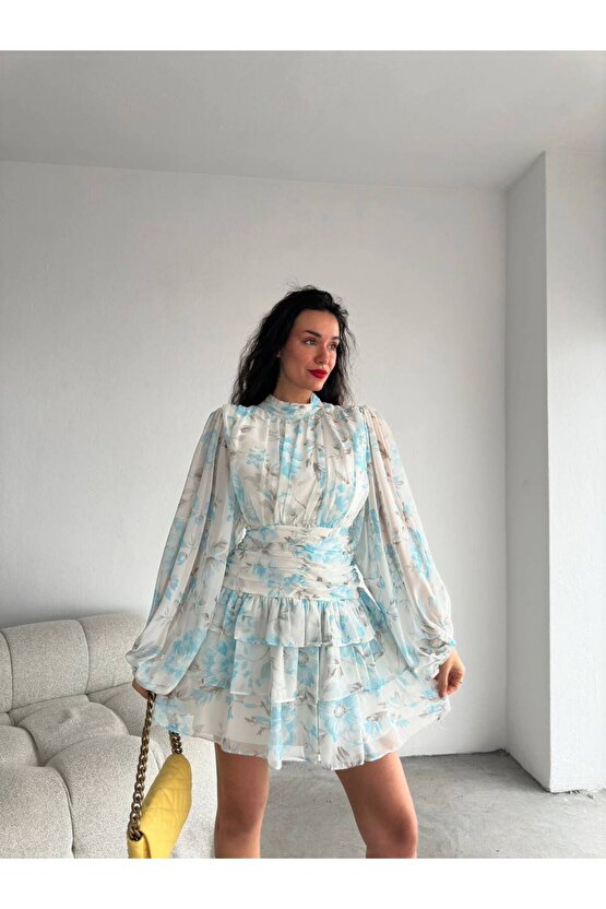 Dik Yakalı Drapeli Sırt Detaylı Çiçek Desenli Mint Yeşili Mini Şifon Elbise