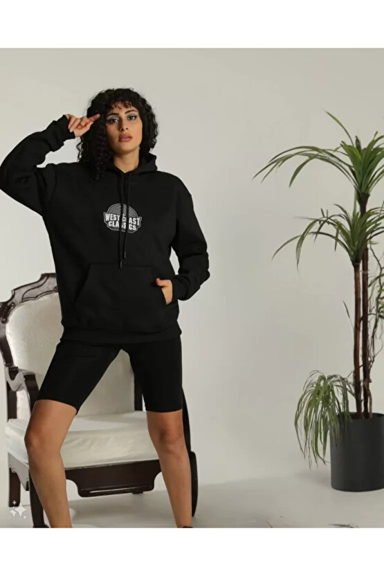 MDB Unisex ırt Baskılı Kapüşonlu Üç İplik Oversize weatshirt iyah