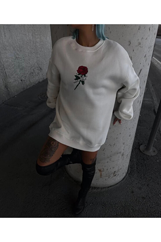 MDB Oversize Üç İplik Bisiklet Yaka Baskılı weathirt Beyaz