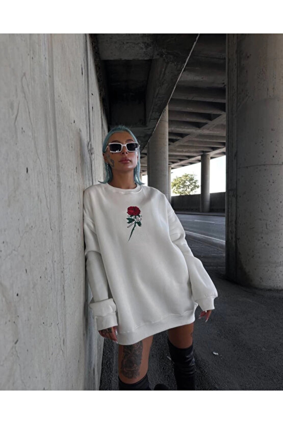 MDB Oversize Üç İplik Bisiklet Yaka Baskılı weathirt Beyaz