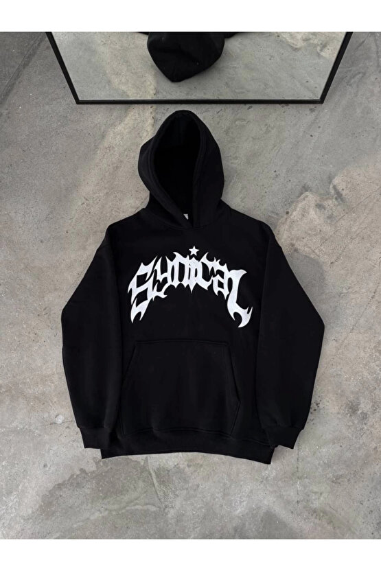 MDB Üç İplik Kapşonlu Baskılı Oversize weathirt iyah