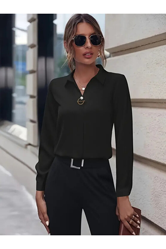 MyTerrax Kadın Uzun Kollu Yakalı Trikoton Gömlek