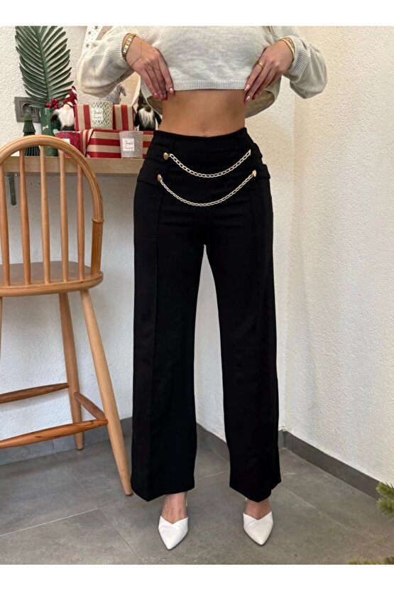 Kadın Beli Zincir Detay Ithal Krep Pantolon