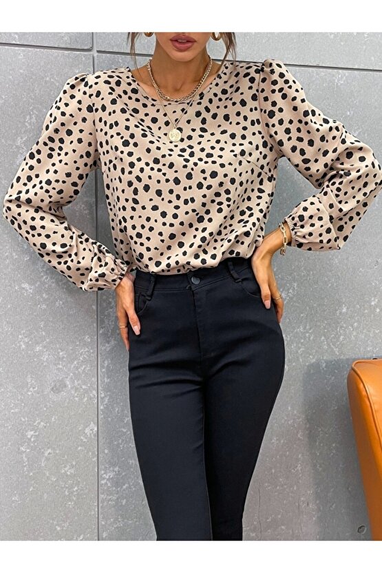 Kadın Uzun Kollu Bisiklet Yaka Desenli Bluz